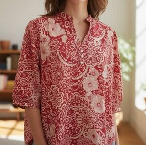 Cherry BETTY L LIKE NEW Elegant Red and White Floral Blouse V Neck